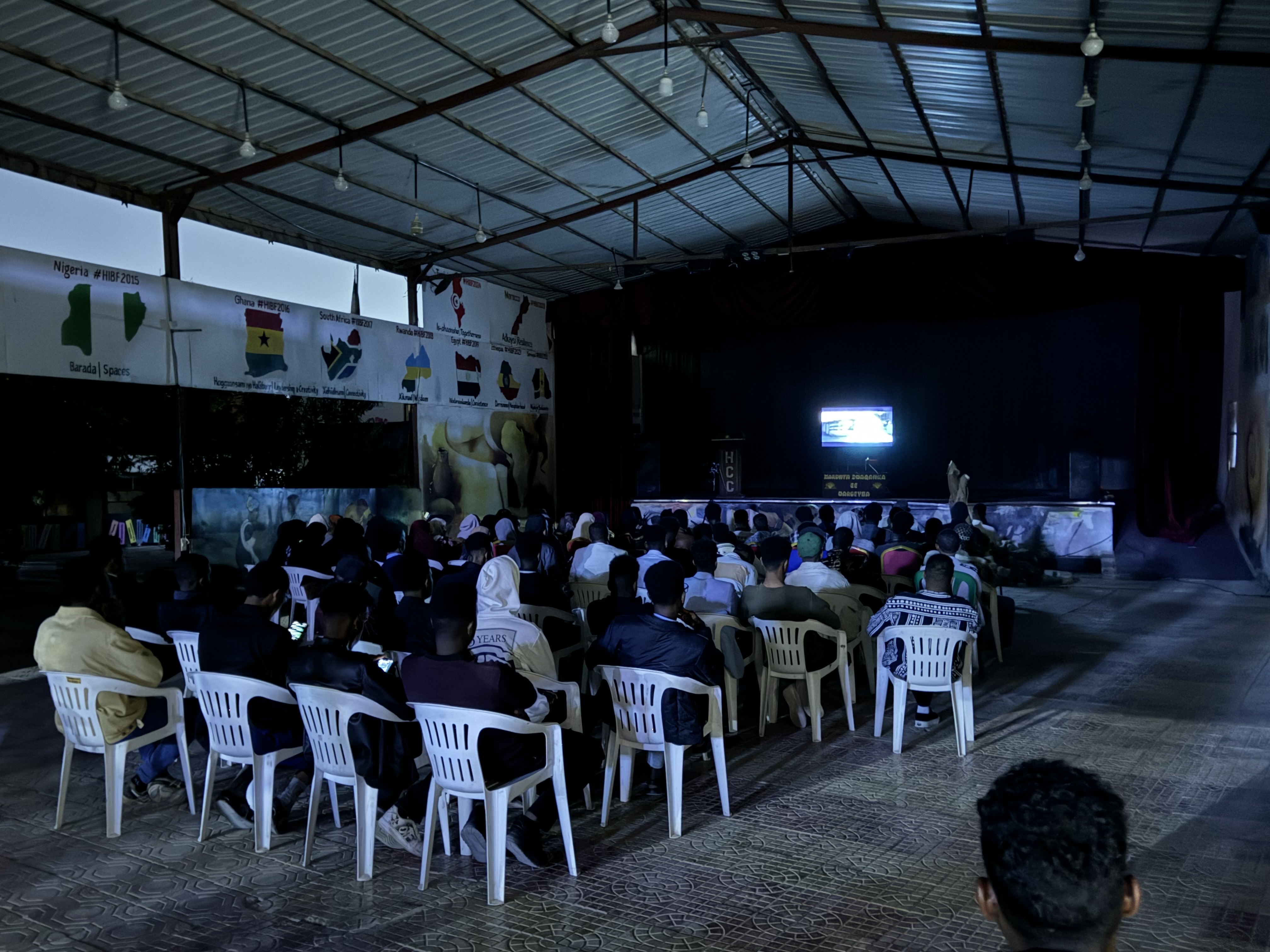 An audience watching a film screening at the Hargeisa Cultural Center