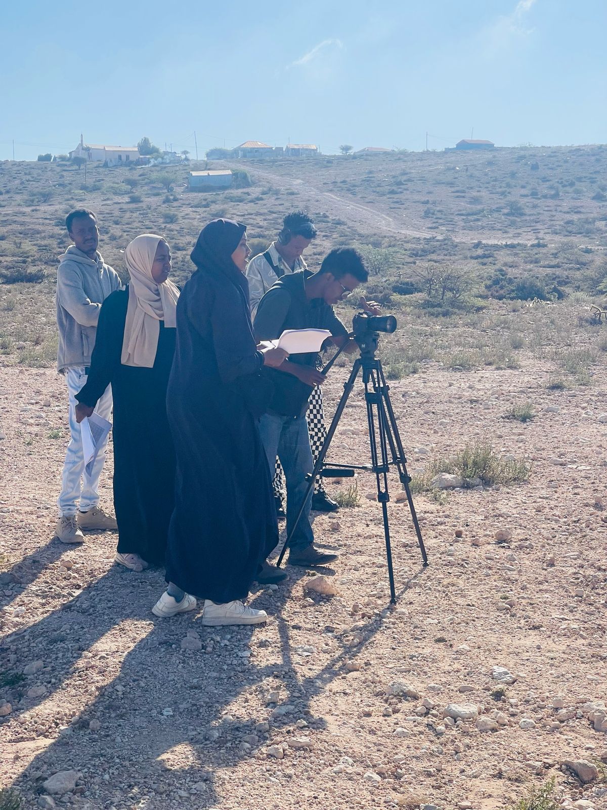 A crew filming on a hillside in Somaliland